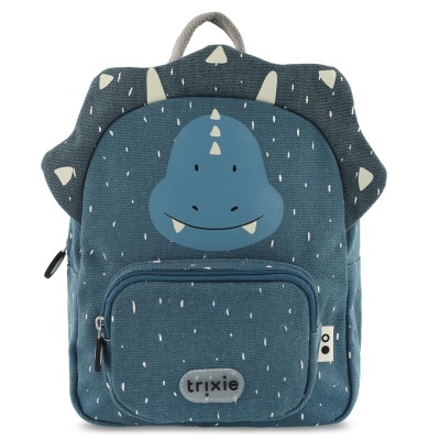 Mochila azul com padrão de dinossauro e bolso frontal com etiqueta 'trixie'
