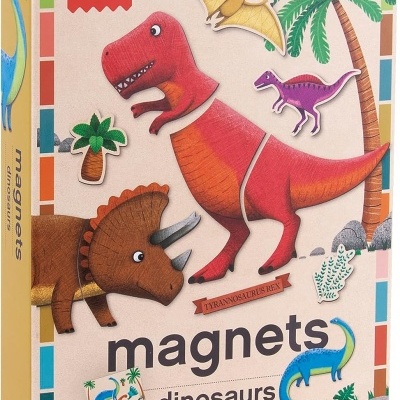 Caixa de ímanes de dinossauros coloridos com texto APLI kids e 52 Pieces.