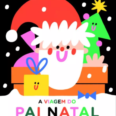 Capa colorida de livro infantil com Pai Natal cartoon e árvore de Natal