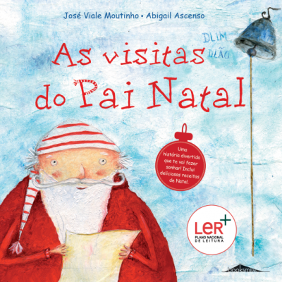 Capa de livro ilustrada com Pai Natal a ler papel e texto do título em fundo azul