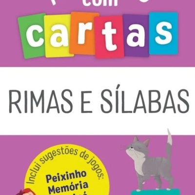 Jogo educativo 'Aprendo com cartas' Rimas e Sílabas para crianças dos 4 aos 7 anos com ilustrações de uma sereia e gato.