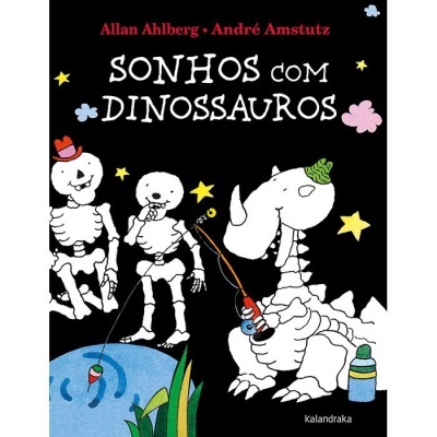 Capa de livro com dinossauros esqueléticos numa cena noturna a pescar