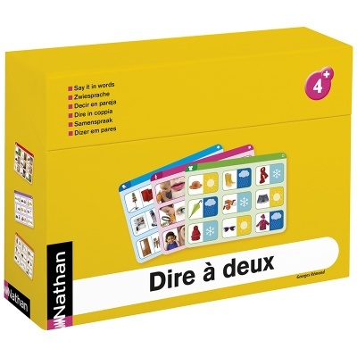 Caixa amarela do jogo educativo Dire à deux da Nathan com cartões coloridos