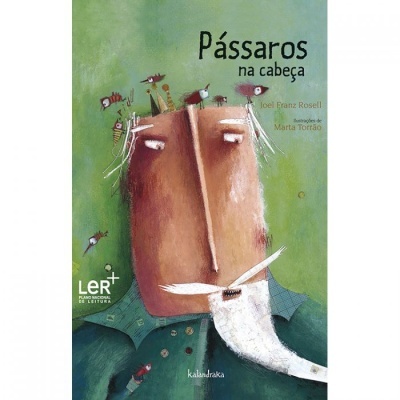 Capa do livro infantil 'Pássaros na cabeça' com ilustração estilizada de uma cabeça com pássaros no cabelo e fundo verde