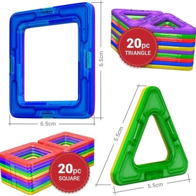 Peças magnéticas coloridas triangulares e quadradas para construção, com etiquetas vermelhas que indicam 20 peças cada.