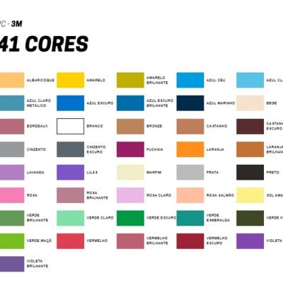 Amostra de 41 cores em quadrados com nomes em português