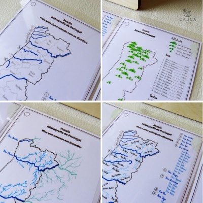 Mapas de Portugal mostrando rios, altitudes, árvores e nomes em folhas de papel