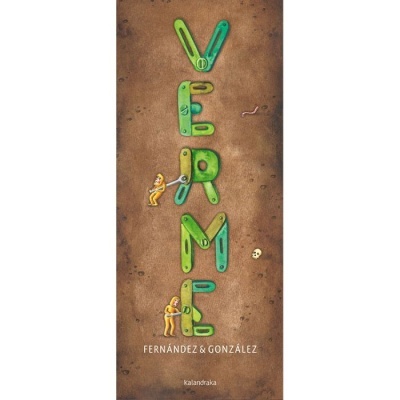 Texto VERME com blocos verdes em fundo castanho e figuras humanas interagindo