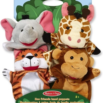 Conjunto de quatro fantoches de mão de peluche de animais do zoo em embalagem verde