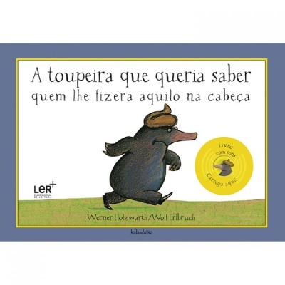 Capa do livro infantil com título e ilustração de toupeira preta com cocó na cabeça e selo amarelo de som