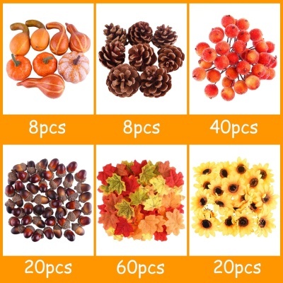 Set de decorações de outono com abóboras, pinhas, bagas, castanhas, folhas e flores, em seis grupos distintos com quantidades indicadas.
