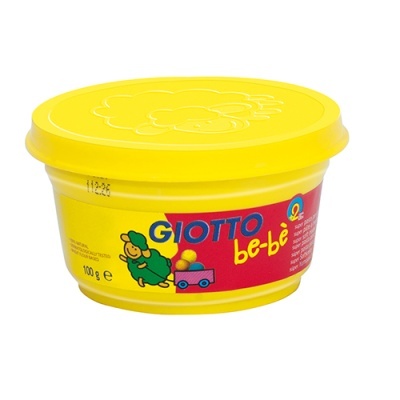 Caixa amarela redonda de massa modelar Giotto be-bè com rótulo vermelho e desenho de ovelha e carrinho