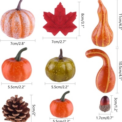 Conjunto de elementos decorativos de outono incluindo abóboras, folha vermelha, pinha e noz com dimensões mostradas.