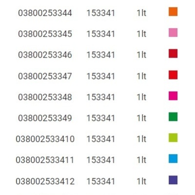 Lista de códigos de produtos com cores e capacidade 1 litro