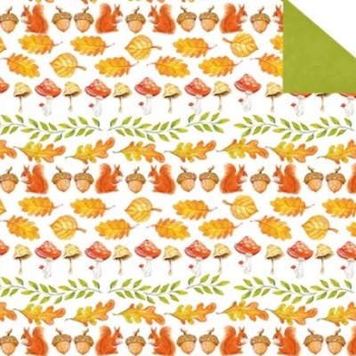 Papel de embrulho com padrão de esquilos, bolotas, folhas e cogumelos em cores outonais