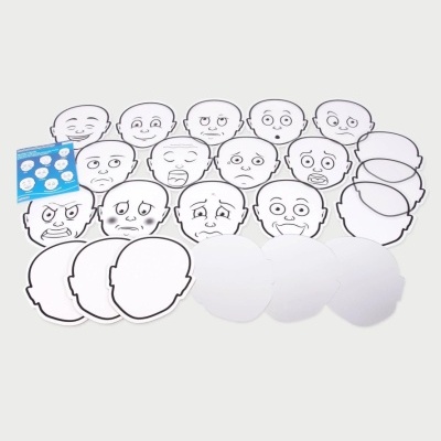 Conjunto de rostos de papel com várias expressões e quatro em branco, com pequeno cartaz azul