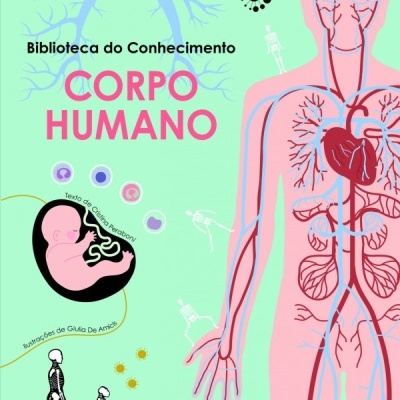 Capa de livro ilustrada com corpo humano, feto e ciclo da vida