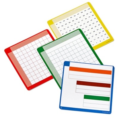 Quadros educativos com molduras amarelo, vermelho, verde e azul e padrões de grelha e números