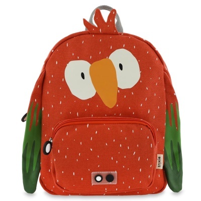Mochila infantil vermelha com desenho de pássaro, olhos brancos, bico laranja e asas verdes