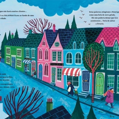 Ilustração colorida de rua com casas e pessoas com guarda-chuvas