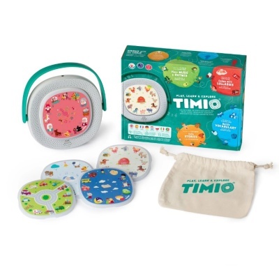 Conjunto educativo TIMIO com leitor portátil, discos ilustrados, bolsa de pano e caixa