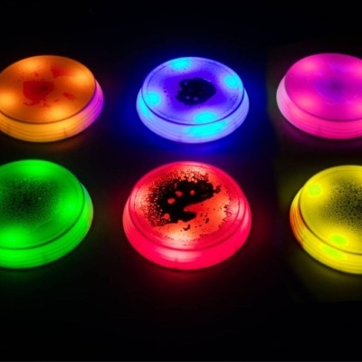 Seis bases redondas luminosas multicoloridas com padrões internos