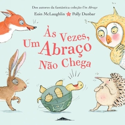 Capa de livro com título em vermelho e desenhos de uma raposa, coruja, lebre, tartaruga e ouriço em fundo azul claro