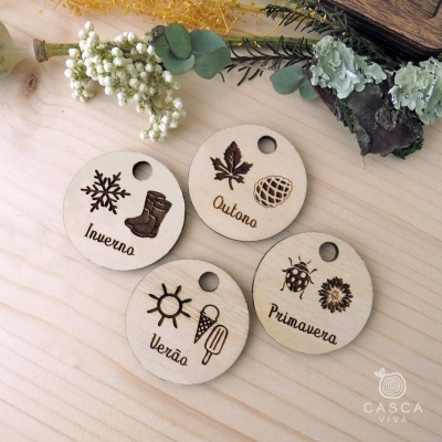 Quatro etiquetas de madeira com símbolos das estações do ano e palavras em português.