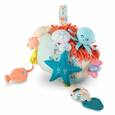 Brinquedo sensorial pelúcia animais marinhos coloridos com texturas variadas.