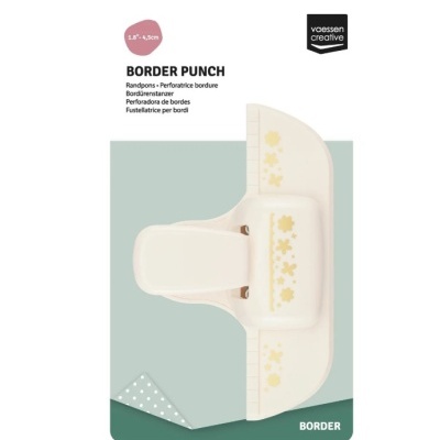 Perfurador de bordas branco com padrão floral e embalagem verde