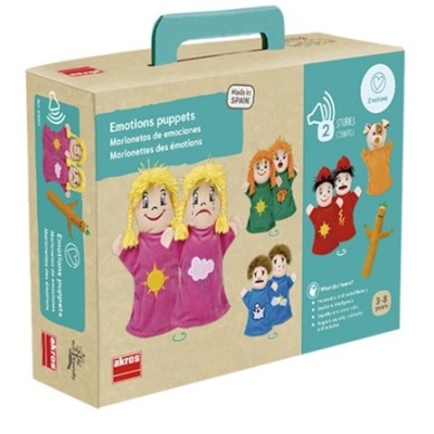 Caixa de marionetas de emoções em tecido com 6 bonecos coloridos e alça azul clara