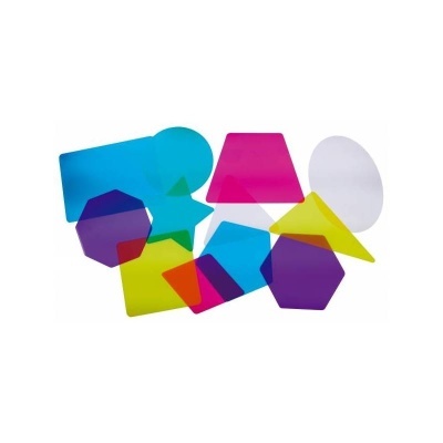 Formas geométricas coloridas translúcidas em plástico sobre fundo branco.