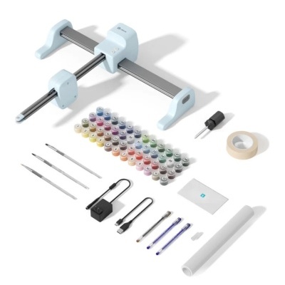 Kit pintura por números com máquina azul-claro, tintas coloridas, pincéis, fita adesiva e acessórios