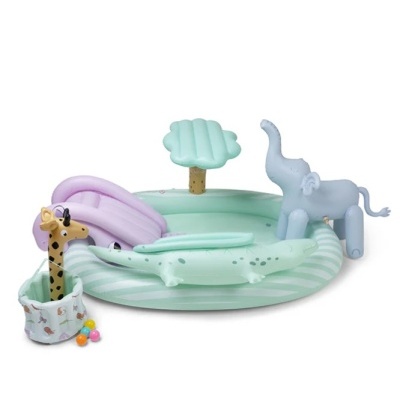 Piscina insuflável infantil com slide, árvore, crocodilo, elefante e girafa