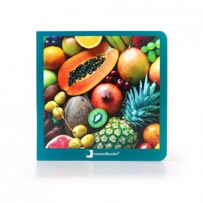 Livro infantil colorido com capa de frutas tropicais e moldura azul