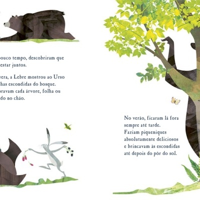 Página dupla de livro ilustrado com texto em português e desenhos de urso, coelho e árvores com folhas verdes e castanhas.