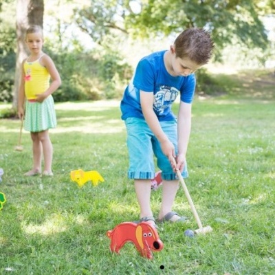 Criança a jogar croquet no relvado com cães de madeira coloridos