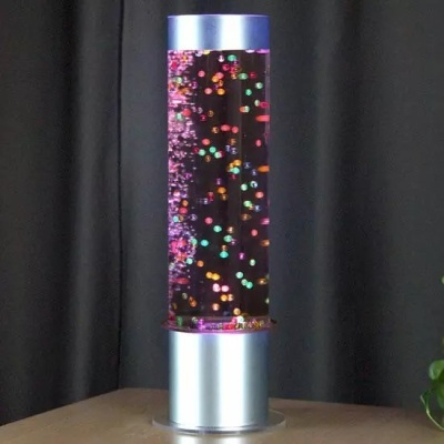 Lâmpada decorativa cilindro com bolhas coloridas e base prateada