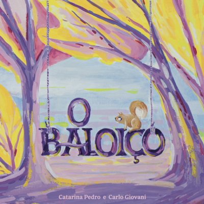 Ilustração colorida de árvores e baloiço com texto