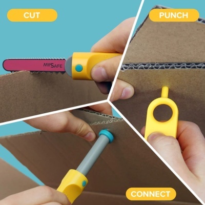 Ferramenta amarela multifuncional a cortar, perfurar e conectar caixas de cartão.