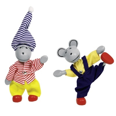 Dois ratinhos de brinquedo coloridos, um com chápeu às riscas e outro em pose de dança.