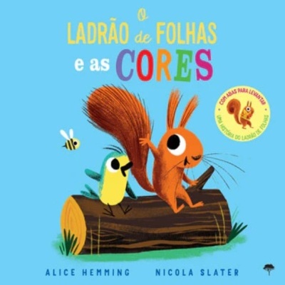 Capa de livro infantil com esquilo, pássaro e texto colorido