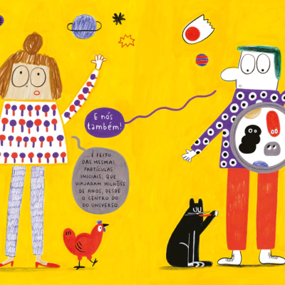 Ilustração colorida com duas personagens, animais, figuras geométricas e texto em balões de fala