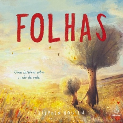 Capa de livro ilustrado com árvore mãe e filho e título FOLHAS em vermelho