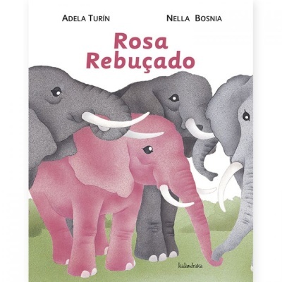 Capa de livro com elefantes, um rosa e três cinzentos, título 'Rosa Rebuçado' e nomes dos autores