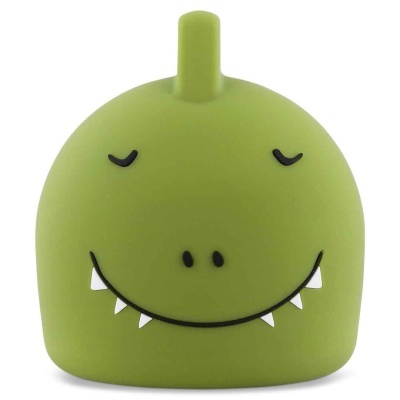 Cabeça de dinossauro de silicone verde com sorriso e olhos fechados