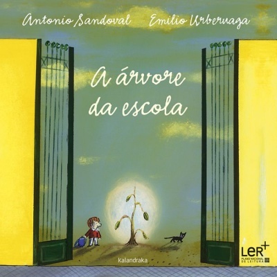 Capa de livro 'A árvore da escola' com ilustração de menina, árvore e gato