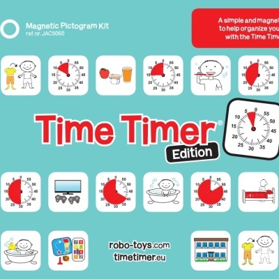 Kit magnético Time Timer Edition com pictogramas e relógios analógicos em fundo azul