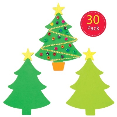 Três árvores de Natal em espuma, uma decorada, duas lisas, etiqueta com texto '30 Pack'