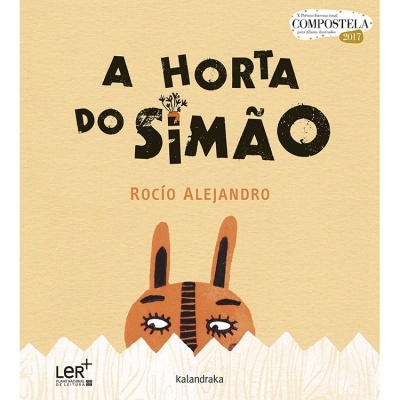 Capa do livro 'A Horta do Simão' com ilustração de coelho a espreitar por cima de cerca branca